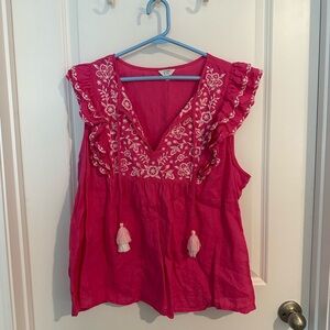 Crown & Ivy Pink Sleeveless Ruffled Blouse with Tie Front